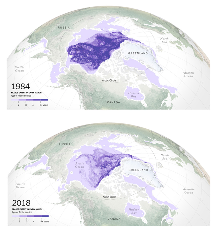 Change in Arctic Ice Size and Age from 1984-2018