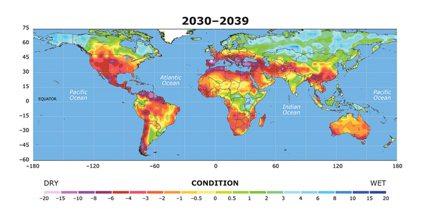 NCAR climate drought map Palmer index 2030-2039