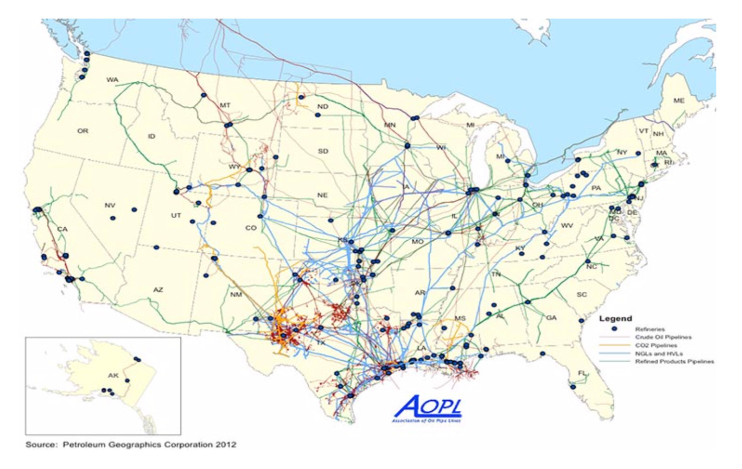 Map of fossil fuel and oil pipelines in the United States