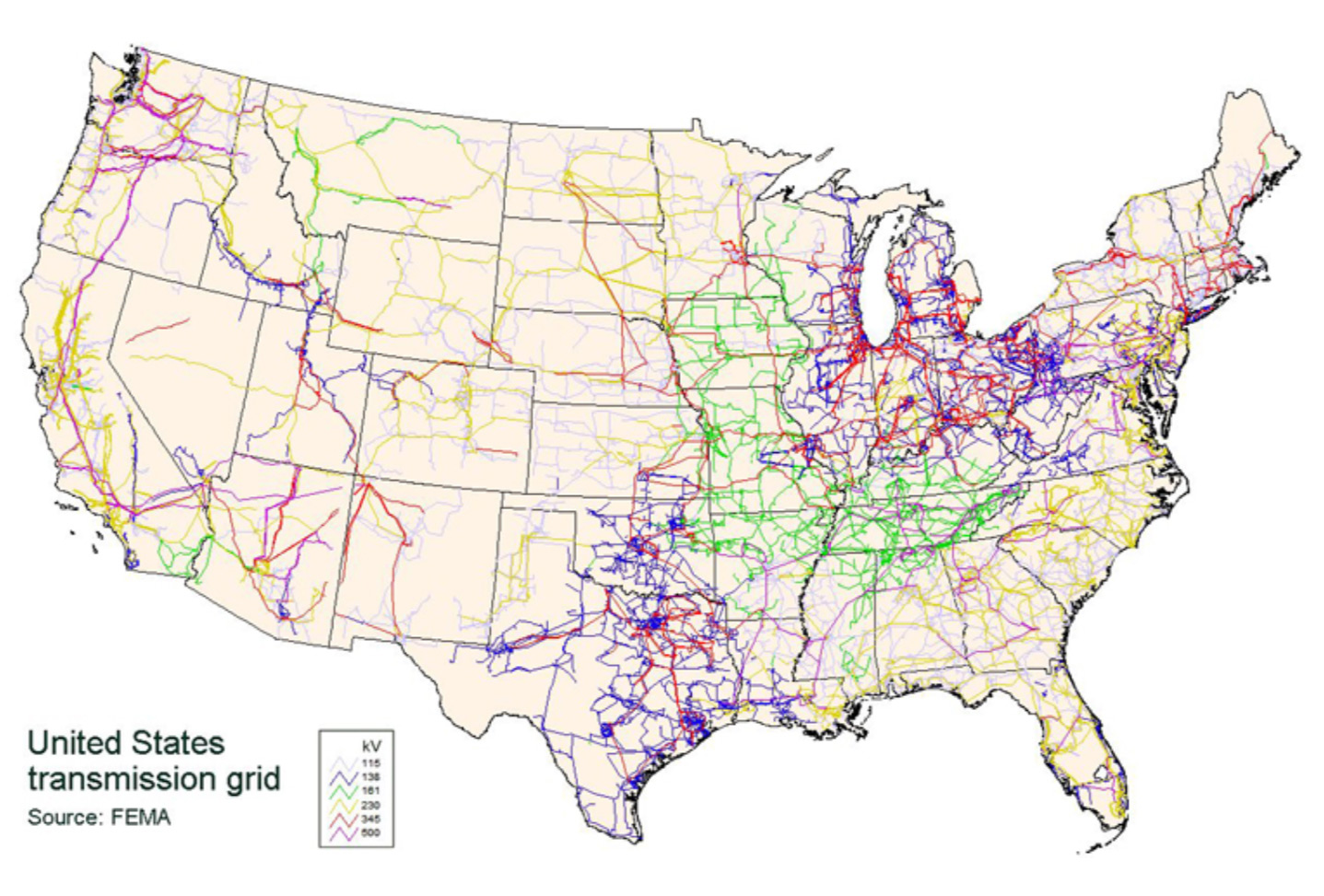Map of power transmission lines in the United States